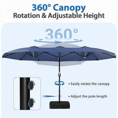 HOPERAN 15FT Patio Umbrella with Base Included, Large Outdoor Double-Sided Rectangle Table Umbrella with Easy Crank Lift, Market Umbrella for Backyard, Pool&Garden