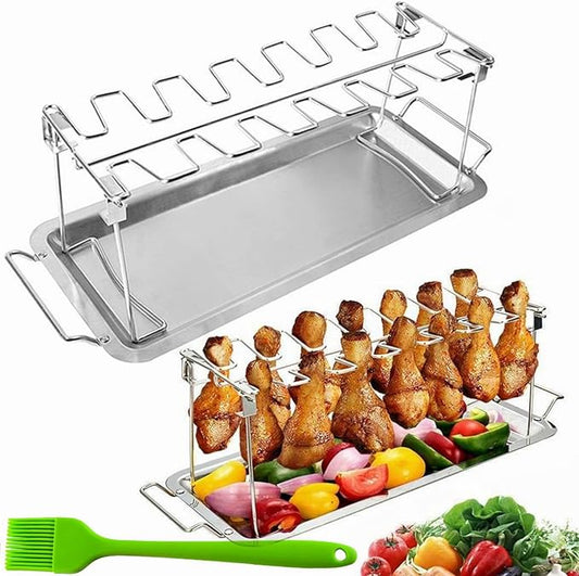 Chicken Leg Rack for Grill with Drip Tray, 14 Slots Stainless Steel Chicken Wing Rack, Chicken Drumstick Holder for Smoker,Chicken Drumstick Rack BBQ Accessories