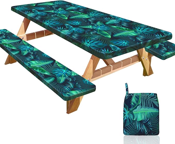 Picnic Table and Bench Cover Set, Waterproof Fitted Elastic Cloth | Portable Camping Essentials With Built-In Storage Pocket And Waterproof Fabric For Outdoor RV Or Picnic Table Use