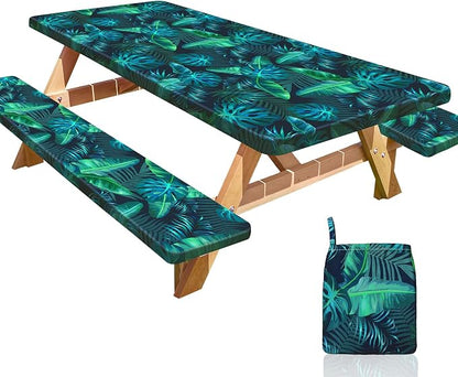 Picnic Table and Bench Cover Set, Waterproof Fitted Elastic Cloth | Portable Camping Essentials With Built-In Storage Pocket And Waterproof Fabric For Outdoor RV Or Picnic Table Use