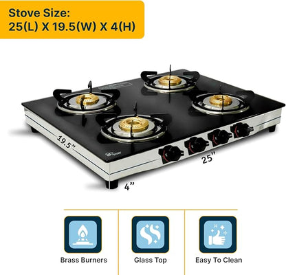 24 Inch Gas Cooktop, Tempered Glass Gas Stove with 4 Burner | Stainless Steel Lower Body Countertop Gas Stove for RV Propane Stove, Apartment & Outdoor Use with Hose Pipe & Regulator