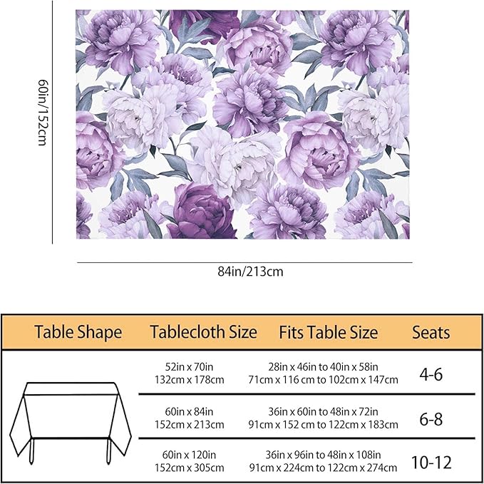 TKS MITLAN Tablecloth Purple Peonies Table Cloth Rectangle Table 60 x 84 Inch Flower Bloom Elegant Vintage Kitchen Decorations for Home Dinner Party