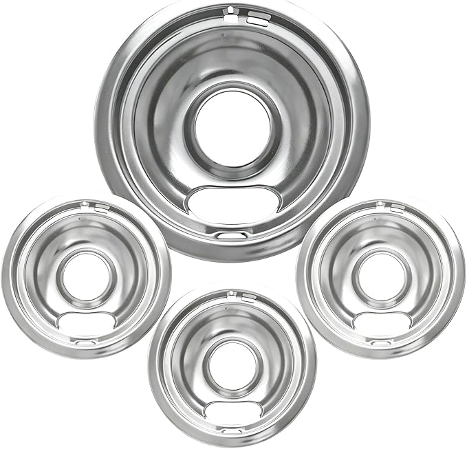 COZZIVITAW10196405 W10196406 Stove Burner Drip Pans for Electric Stove Top-Compatible with Whirlpool Electric Range-Thickening to Prevent Bent-Set of 4 Chrome Drip Pans, Silver