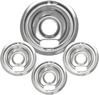 COZZIVITAW10196405 W10196406 Stove Burner Drip Pans for Electric Stove Top-Compatible with Whirlpool Electric Range-Thickening to Prevent Bent-Set of 4 Chrome Drip Pans, Silver