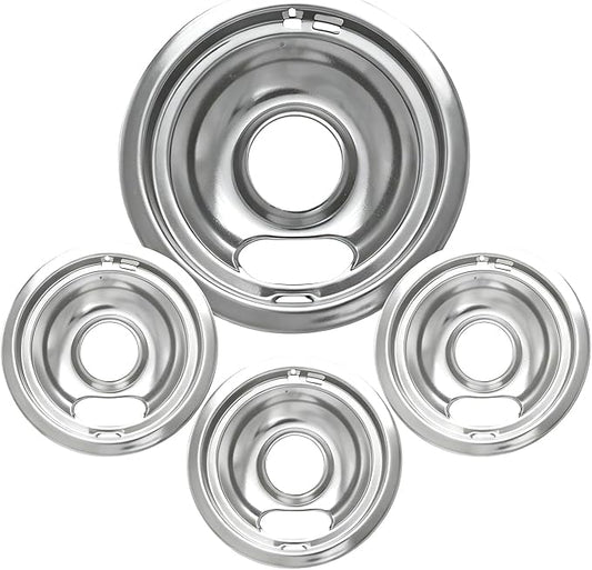 COZZIVITAW10196405 W10196406 Stove Burner Drip Pans for Electric Stove Top-Compatible with Whirlpool Electric Range-Thickening to Prevent Bent-Set of 4 Chrome Drip Pans, Silver
