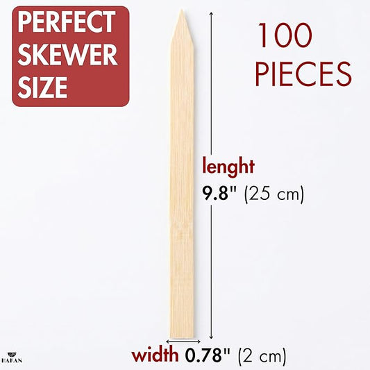 Hakan 9.8” Bamboo BBQ Skewers 100 Pcs | Flat Kabob Skewers for Grilling Meat, Vegetables & Fruit | Shish Kebob Food Sticks | Cocktail Picks, Strong Appetizer Sticks for Party & BBQ, (25 cm x 2 cm)
