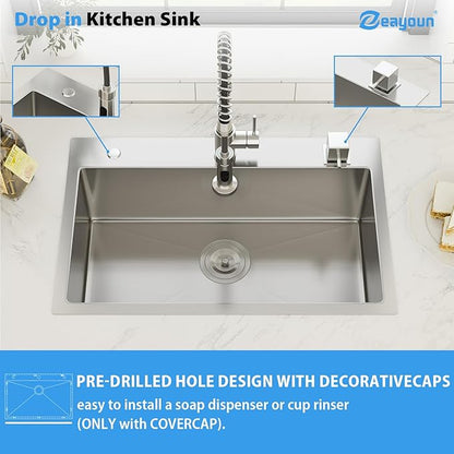 28 Inch Drop In Kitchen Sink 28 x 18 Kitchen Sink 18 Gauge Stainless Steel Single Bowl Topmount Handmade Sink, 28x18x9