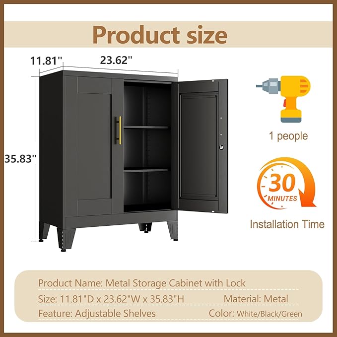 GAIOUS 36" Black Metal Storage Cabinet with Lock, Locking Cabinet with 2 Doors and 2 Adjustable Shelves, Bathroom Floor Cabinets, Freestanding Locked File Cabinets for Home/Office/Garage