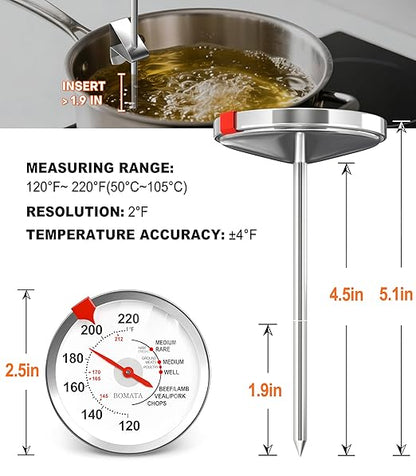 BOMATA Stainless Steel Meat Thermometer Oven Safe, Leave in Probe Food Thermometer with 2.5-in Extra-Large Dial, IPX8 Waterproof, NSF Certified, for Cooking, Steak, Chicken, Turkey, Beef, Pork, Lamb