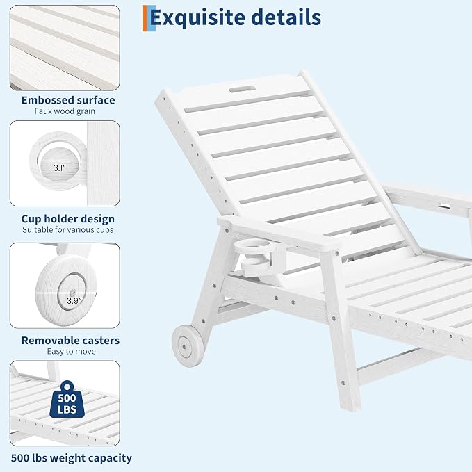 Garvee Lounge Chair Outdoor with Wheels & 5-Position Adjustable Backrest, Oversized Chaise Lounge with 2 Move Handle, HDPE Outdoor Lounge Chair w/Detachable Cup Holder, for Patio, Pool,White