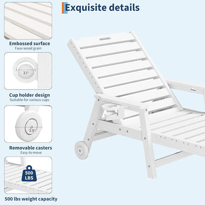 Garvee Lounge Chair Outdoor with Wheels & 5-Position Adjustable Backrest, Oversized Chaise Lounge with 2 Move Handle, HDPE Outdoor Lounge Chair w/Detachable Cup Holder, for Patio, Pool,White