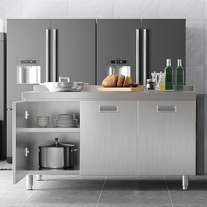 ZZV 55" x 21" Stainless Steel Table Cabinet for Prep & Work, Heavy Duty Prep Table with 3 Pull-Out Doors, Commercial Workbench with Cabinet for Kitchen, Restaurant, Hotel, Garage, and Warehouse