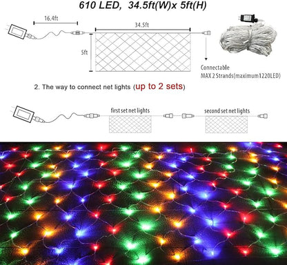 Pooqla Colorful Net Lights, 34.5X 5ft Christmas Lights Outdoor Clear Wire | 610 LED Large Net Mesh Lights Plug in, 8 Modes Waterproof Connectable Multicolor Bushes Lights for Christmas Hedge Yard Decor