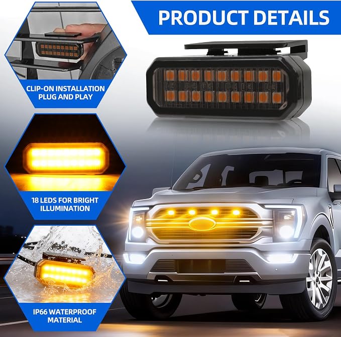 DREAMOTOR 4PCS LED Grille Lights Universal Clip-On Front Amber Grill Lights | with Wiring Harness & Fuse, Compatible With Dodge Ram 1500 Ford F150 GMC Sierra 1500 Chevy Silverado Raptor Toyota