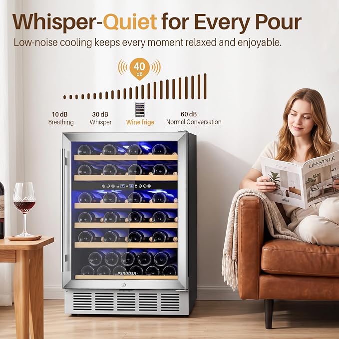 24 Inch Wine Fridge Dual Zone Wine Cooler Holds 46 Bottles, Temperature Control, Built-In or Freestanding Under Counter Wine Refrigerator with Glass Door for Kitchen, Home Bar