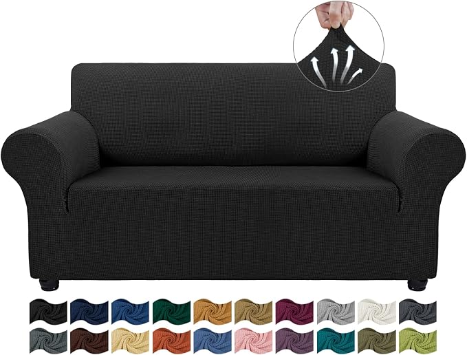 Asnomy Stretch Couch Covers Washable,loveseat Cover Slipcovers,Black | 1-Piece Sofa Cover(55"-78") loveseat cover Furniture Protector Soft Jacquard,Non-Slip Elastic Bottom for Dogs & Kids