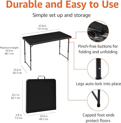 Amazon Basics Portable 4 Ft Rectangular Folding Dining Table, 4 Adjustable Height Settings, Space Saving Fold-in-Half Design and Carrying Handle, Indoor & Outdoor, Washed Black, 47.8 x 23.9 x 33.9 in