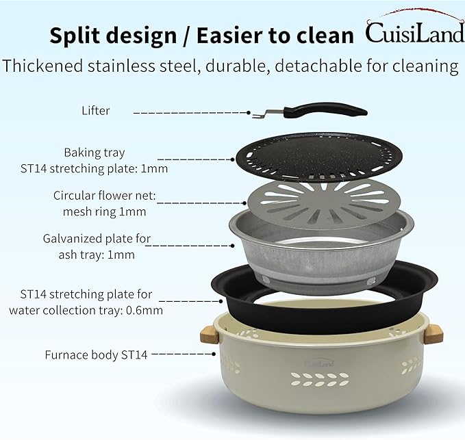 Cuisiland Mini Charcoal Grill, Portable Barbecue - Multipurpose Small Charcoal Grill Stove for Indoor and Outdoor Cooking, Camping, Hiking, Picnics - BBQ Tool Kit with Baking Tray (White)