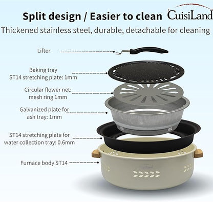Cuisiland Mini Charcoal Grill, Portable Barbecue - Multipurpose Small Charcoal Grill Stove for Indoor and Outdoor Cooking, Camping, Hiking, Picnics - BBQ Tool Kit with Baking Tray (White)