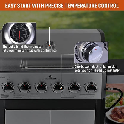Redlife 6 Burner Propane Gas Grill, 60,000 BTU Outdoor BBQ Grill with Cast Iron Cooking Grates, Stainless Steel Warming Rack, Built-in Thermometer, Electronic Ignition, Side Shelves, Storage Cabinet