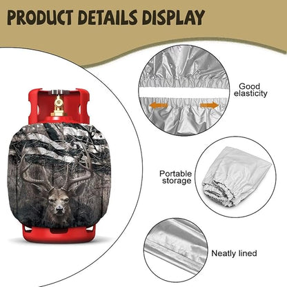 Propane Tank Covers 20lb American Deer Retro 4th of July Patriotic Outdoor Heavy Duty Waterproof Windproof Gas Tank Cylinder Cover with Elastic Brand, 2 Pack
