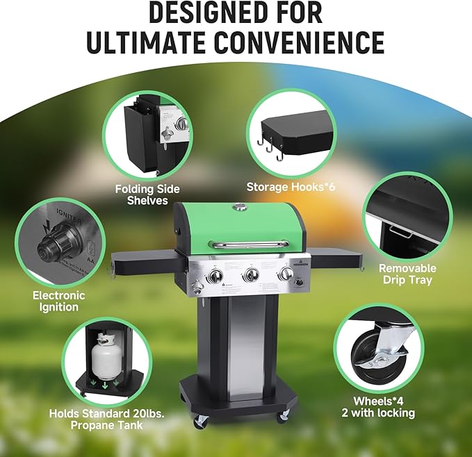 Redlife 3 Burner Propane Gas Grill, 30,000 BTU Outdoor BBQ Grill with Cast Iron Cooking Grates, Stainless Steel Warming Rack, Built-in Thermometer, Side Shelves, Removable Grease Tray, Green