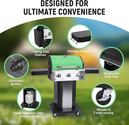 Redlife 3 Burner Propane Gas Grill, 30,000 BTU Outdoor BBQ Grill with Cast Iron Cooking Grates, Stainless Steel Warming Rack, Built-in Thermometer, Side Shelves, Removable Grease Tray, Green