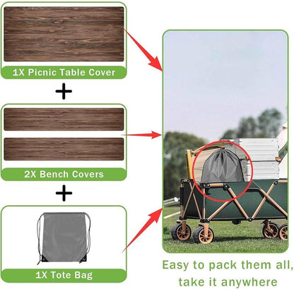 JAWO Vintage Brown Rustic Wooden Picnic Table Cover with Bench Covers, Modern Camping RV Essentials Gear Supplies Outdoor Waterproof Windproof Tablecloth with Elastic, 30X60in