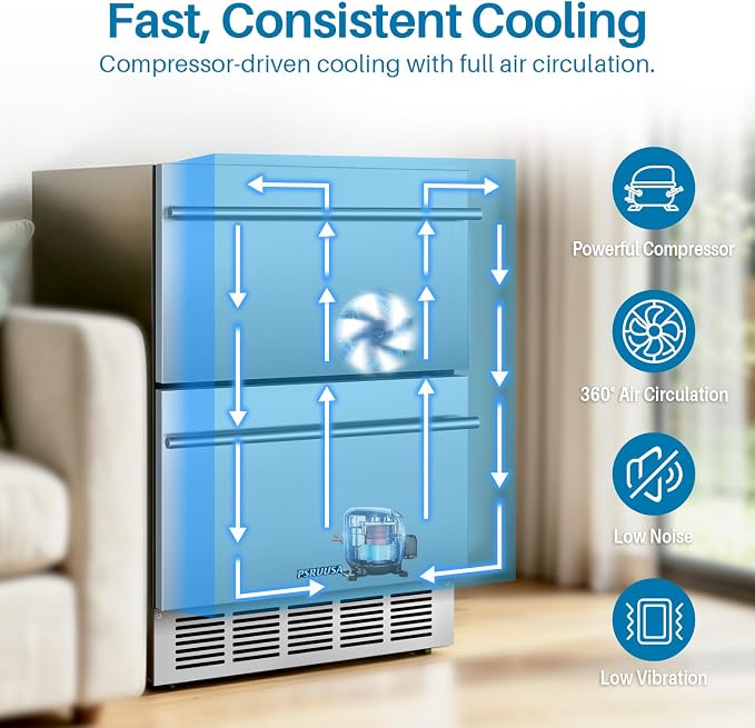 24 Inch Outdoor Drawer Refrigerator, 154 Cans Drawer Beverage Fridge, Freestanding or Built-In Outdoor Beverage Refrigerator with Stainless Steel Drawers for Kitchen, Patio, Home Bar