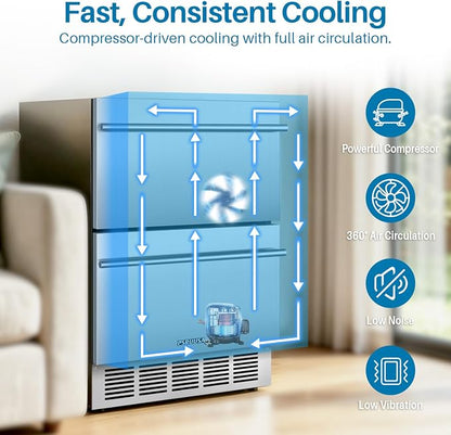 24 Inch Outdoor Drawer Refrigerator, 154 Cans Drawer Beverage Fridge, Freestanding or Built-In Outdoor Beverage Refrigerator with Stainless Steel Drawers for Kitchen, Patio, Home Bar