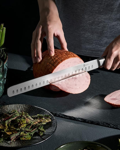 KYOKU 12" Slicing Knife, Daimyo Series Brisket Knife for Meat Cutting with Rosewood Handle, Japanese Style 440C Stainless Steel Meat Carving Knife for BBQ Turkey Ham Rib Roast with Sheath and Case