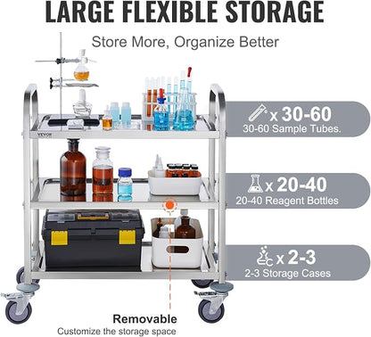 VEVOR Stainless Steel Cart, 3 Layers Lab Utility Cart 220 lbs Weight Capacity, Medical Cart with Lockable Universal Wheels, for Lab, Clinic, Kitchen, Salon