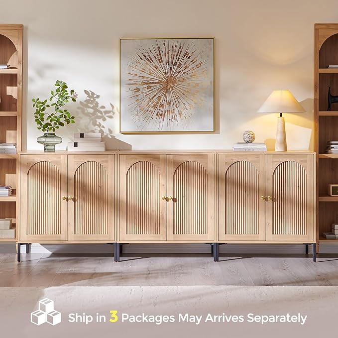 IFBUY Modern Sideboard Buffet Cabinet, 92.63" W Fluted Arched Buffet Cabinet with Storage and Adjustable Shelves, Wooden Modular Coffee Bar Cabinets for Kitchen, Entryway, Natural