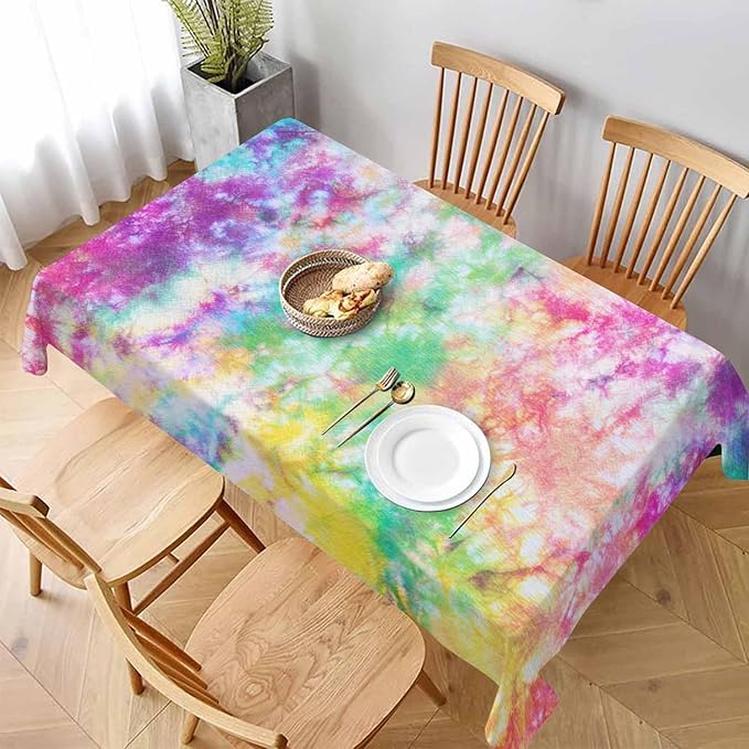 TKS MITLAN Tie Dye Tablecloth 52 x 70 Inch Rectangular Rainbow Splash Tie Dye Pattern Oblong Table Cloth Kitchen Table Decorations for Home Dinner Party
