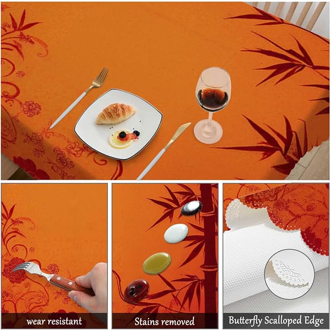 Swono Bamboo Tablecloths Traditional Red Gold Floral Bamboo Kitchen Dinning Tabletop Decoration, Polyester Table Cover for Indoor Outdoor 50x72 Inch Tablecloth
