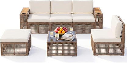 Devoko Patio Furniture Set,6 Pieces Outdoor Sectional Sofa with Cup Holder and 7.87in Wider Armrest, PE Wicker Backyard Couch Set with Coffee Table&Glass Tabletop for Deck, Porch（6 pcs）