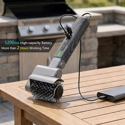 Electric Grill Brush 3-in-1 Kit – Cordless BBQ Cleaner with Reinforced Safe Metal Bristles – 2 Hours Runtime, Waterproof & Dishwasher Safe Removable Brushes for Deep Cleaning (Black Wood Coating)