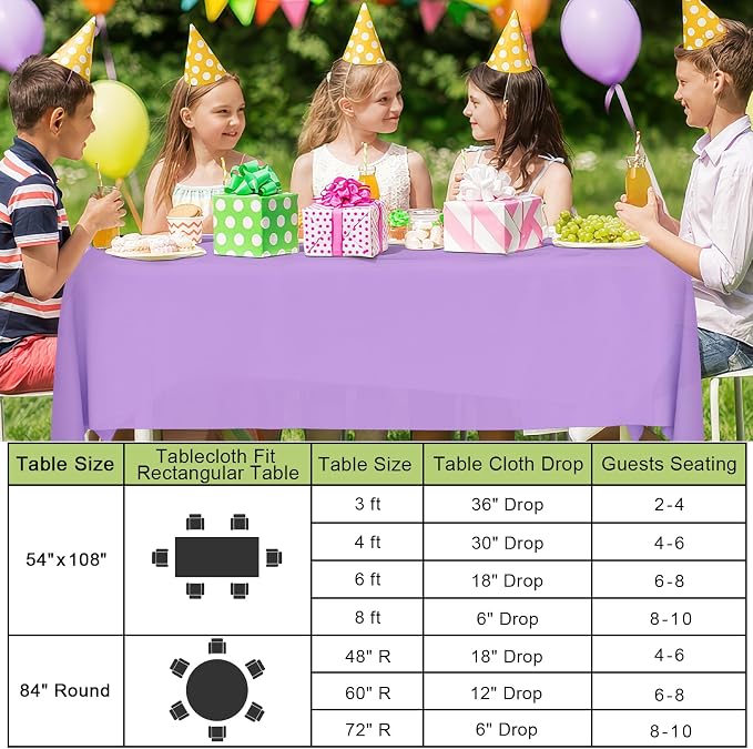 Smiry Disposable Table Cloth 3 Pack, 54 x 108 Inch Waterproof Plastic Tablecloth, Decorative Rectangle Table Covers for Party, Birthday, Picnic, Lavender