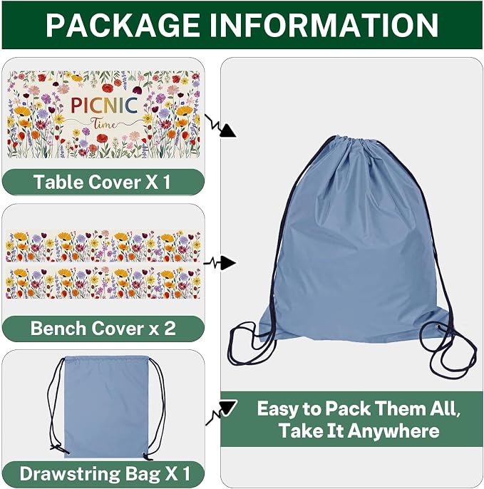 Picnic Table Cover with Bench Covers, Wildflower Boho, 72 Inch | 3PCS Camper fitted waterproof outdoor camping tablecloth essentials with elastic edges and drawstring bag