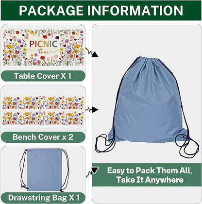 Picnic Table Cover with Bench Covers, Wildflower Boho, 72 Inch | 3PCS Camper fitted waterproof outdoor camping tablecloth essentials with elastic edges and drawstring bag