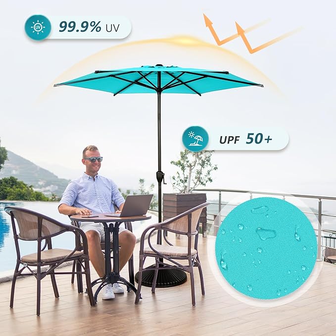 Abba Patio 7.5FT Lyon Outdoor Patio Umbrella Outdoor Table Umbrella with Push Button Tilt and Crank Market Umbrella 6 Sturdy Ribs UV Protection Waterproof for Garden Deck Backyard Pool, Turquoise