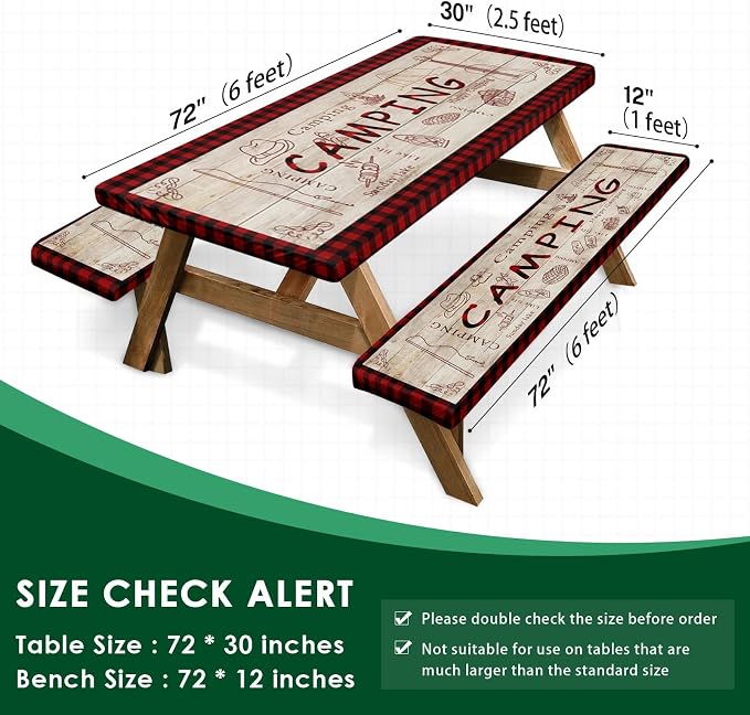 Picnic Table Cover with Bench Covers Elastic Edges, Red Plaid Fitted Table Cover, Outdoor Patio Camping Essentials 72 Inch 3PCS, Waterproof Camping Fitted Tablecloth with Drawstring Bag