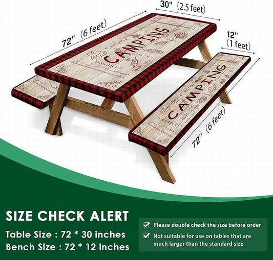 Picnic Table Cover with Bench Covers Elastic Edges, Red Plaid Fitted Table Cover, Outdoor Patio Camping Essentials 72 Inch 3PCS, Waterproof Camping Fitted Tablecloth with Drawstring Bag