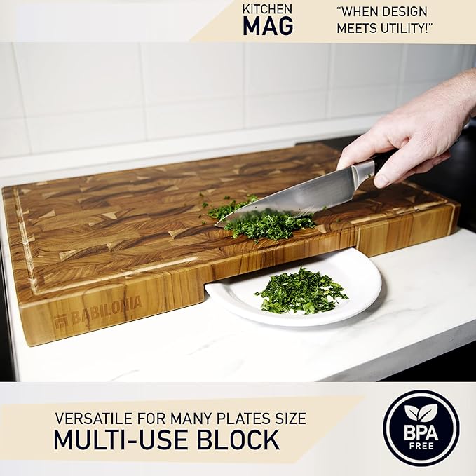 Teak Wood Cutting Board, 19.7 x 12.2 Inch (ExtraThick 1.7") Hardwood Butcher Block for Meat, Cheese, Charcuterie Board. End Grain Non Toxic Wood Chopping Board with Handle (Oil & Plate Included)