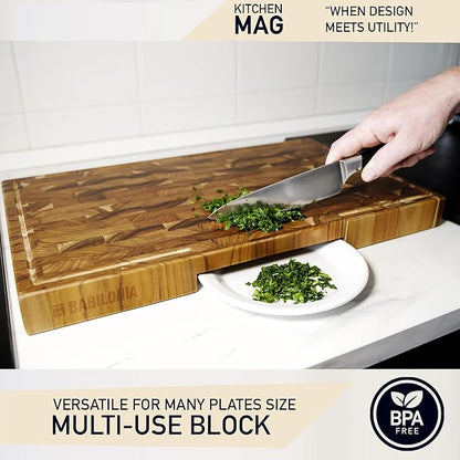 Teak Wood Cutting Board, 15.7 x 10.2 Inch (ExtraThick 1.7") Hardwood Butcher Block for Meat, Cheese, Charcuterie Board. End Grain Non Toxic Wood Chopping Board with Handle (Oil & Plate Included)
