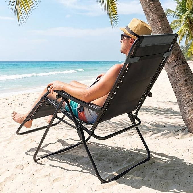 NEWBULIG Padded Zero Gravity Chair, Folding Lounge Chair Outdoor, Black | Foldable Beach Camping Recliner Chair with Adjustable Pillow and Trays for Poolside Lawn Patio