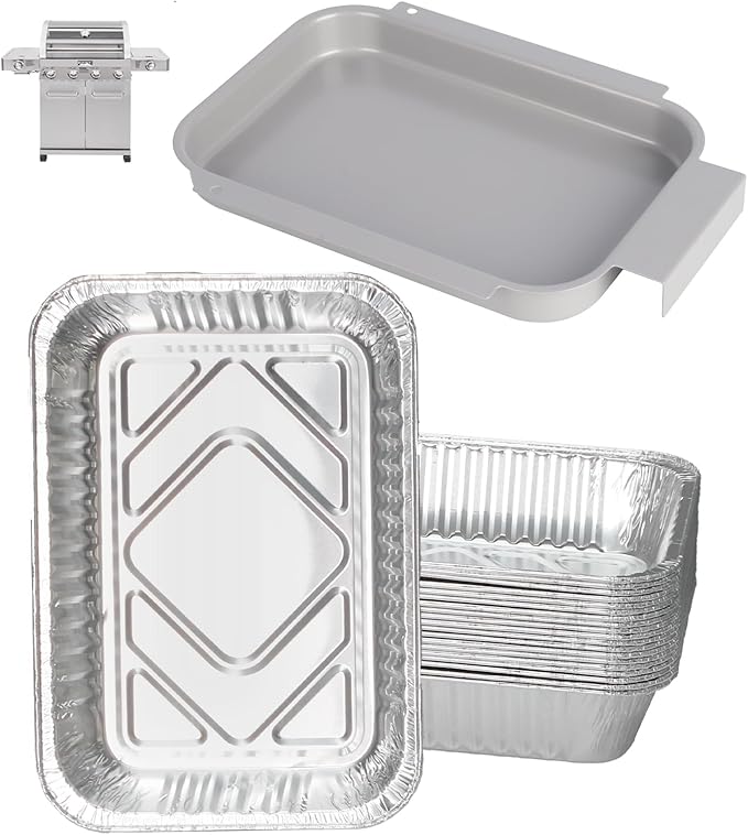 Drip Pan Liners for Most Monument Grills 35633 24633 24367 17842 14633 13762 41847NG 25392, Universal Grease Box & 10 PCS Aluminum Foil Liner for Monument Grill Accessories, 8.4 x 5.8 Foil Drip Pans