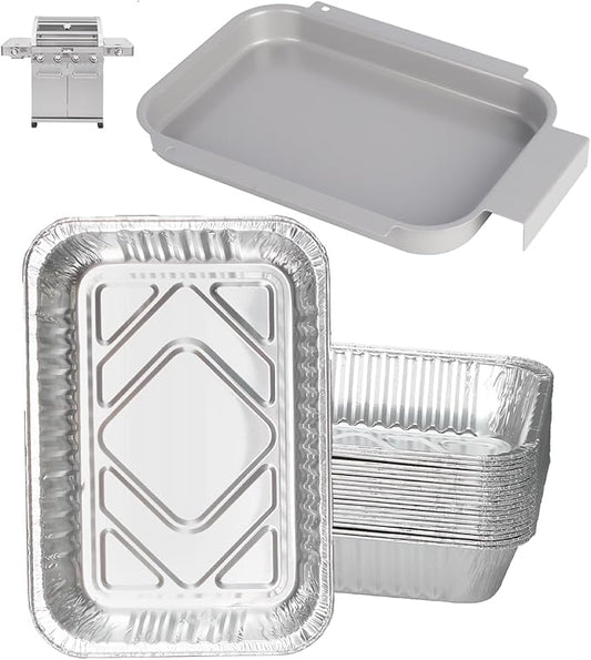 Drip Pan Liners for Most Monument Grills 35633 24633 24367 17842 14633 13762 41847NG 25392, Universal Grease Box & 10 PCS Aluminum Foil Liner for Monument Grill Accessories, 8.4 x 5.8 Foil Drip Pans