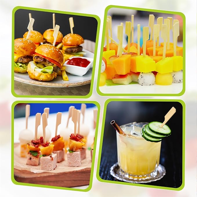 FATLODA 6 Inches Cocktail Picks Bamboo Skewers For Appetizers, 200PCS Paddle Wooden Skewers, Fancy Flat Toothpicks For Appetizers Party Sandwich Fruit Charcuterie