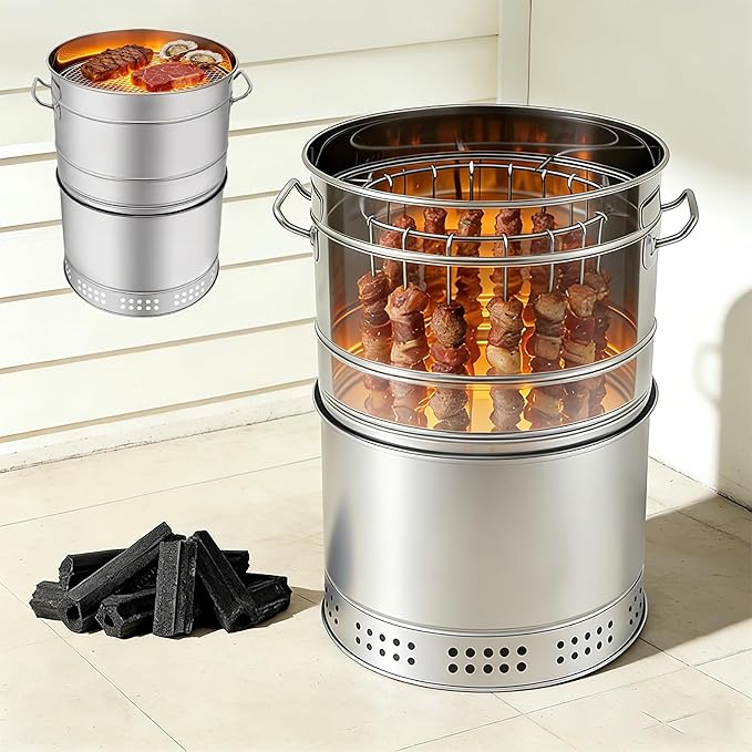Portable Charcoal Barrel Grill, Stainless Steel Barrel Smoker with 50 Skewers Vertical Hanging & Grill Net Charcoal Barbecue Grill for Home Backyard Camping Picnic